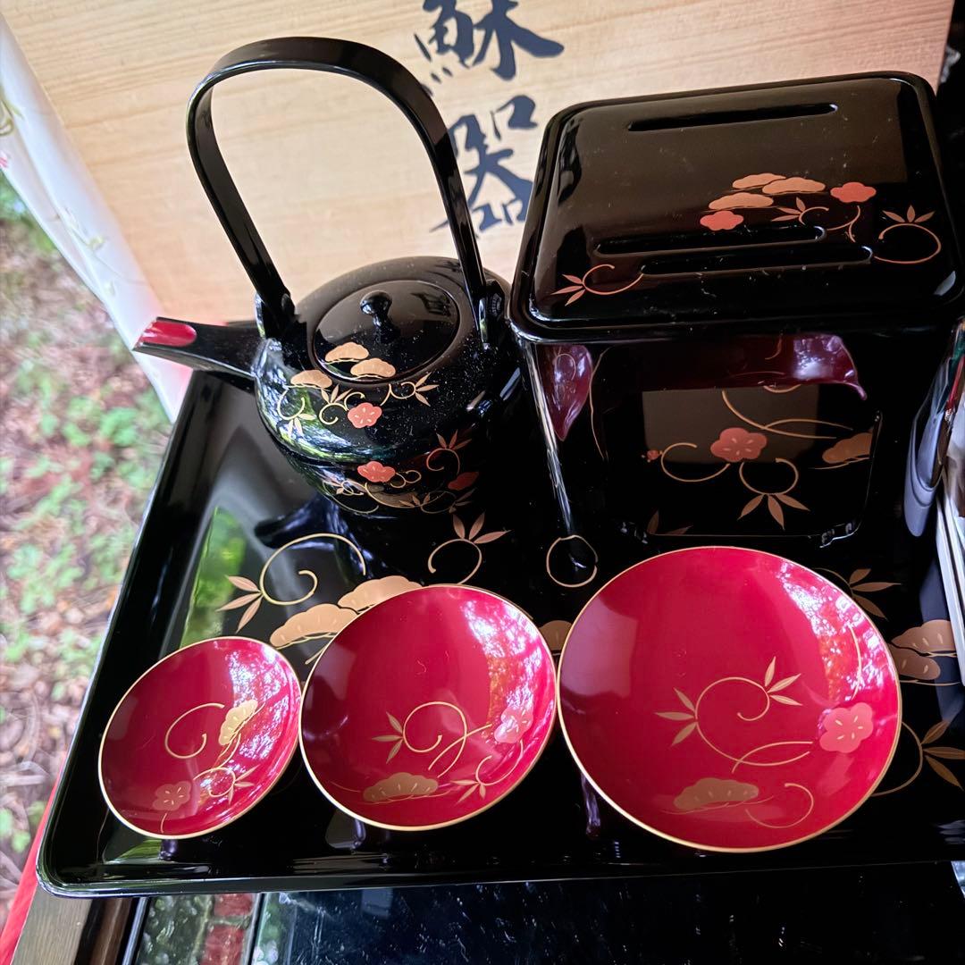 超限定1月12日迄‼️節目にJAPAN天然木会津塗お屠蘇器蒔絵松竹梅四ッ揃杉箱入