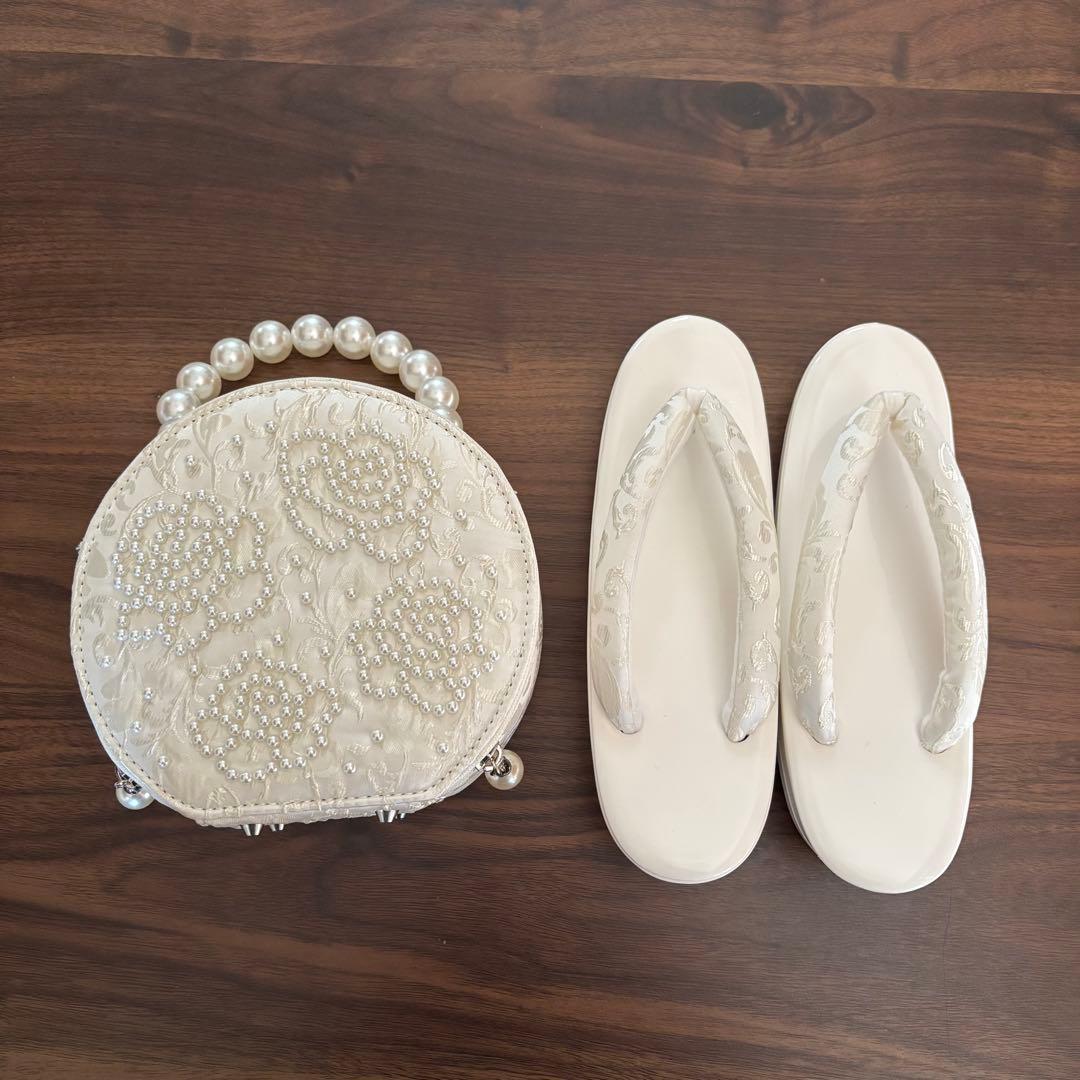 ホワイト和装用バッグと草履セット 成人式 振袖 22.5-23cm