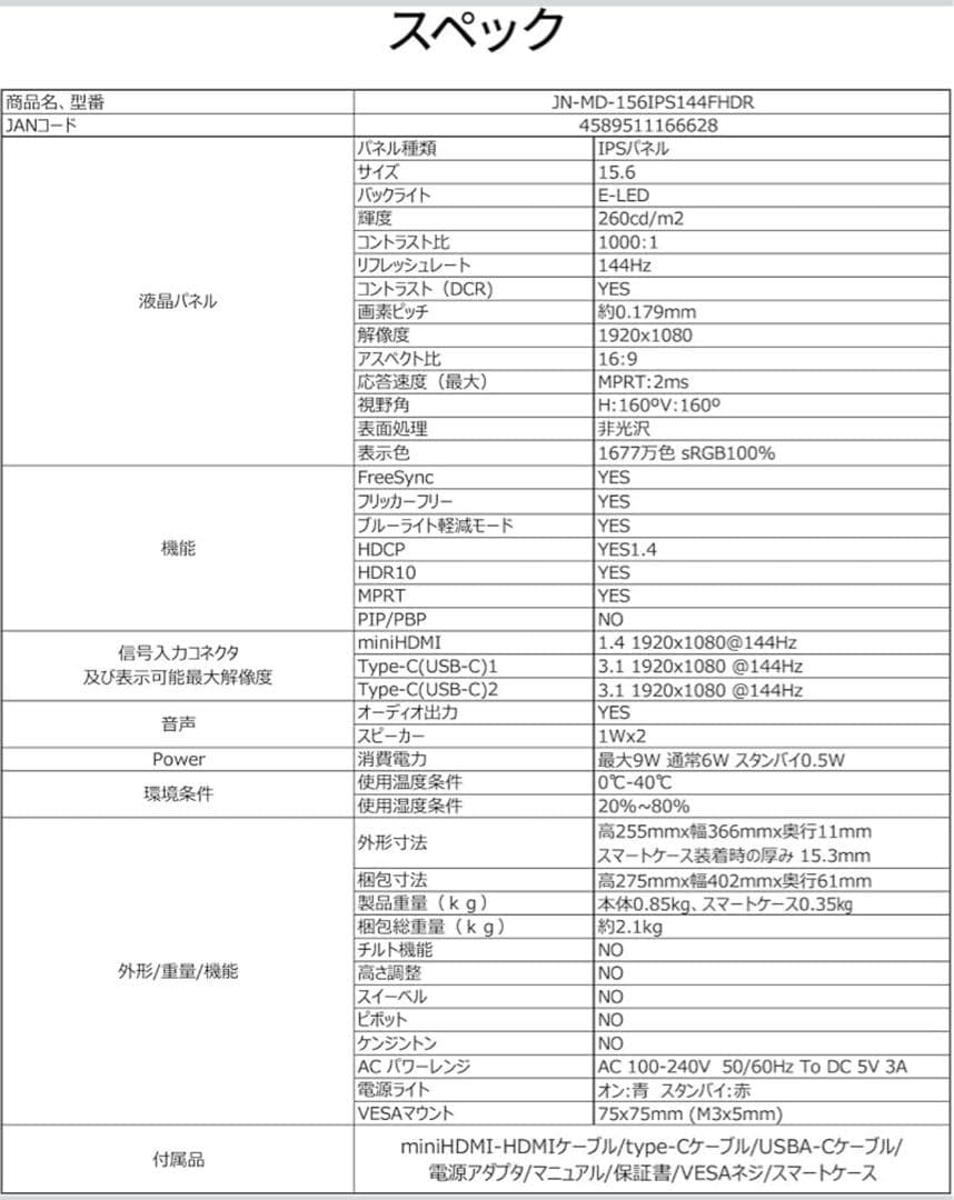 JAPANNEXT 15.6インチディスプレイ