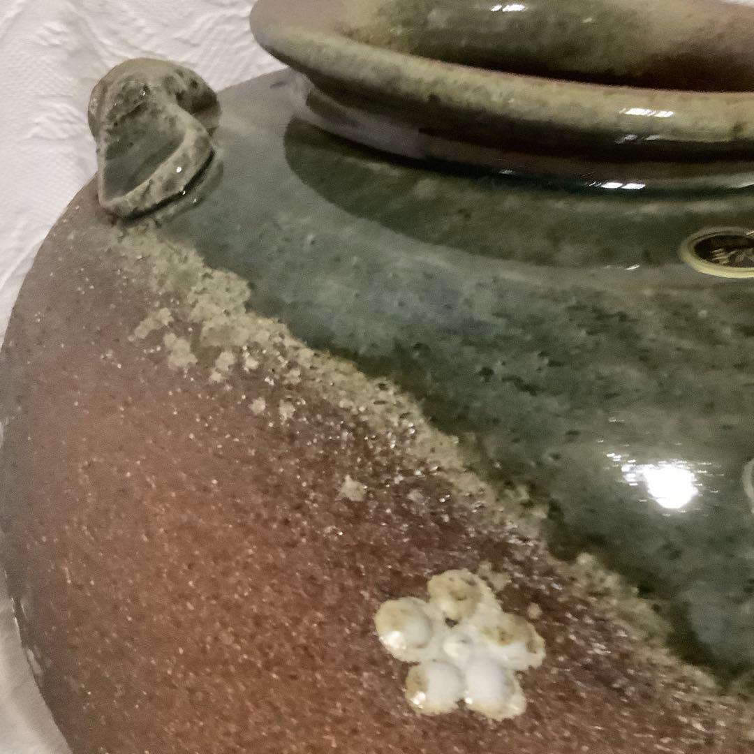 【新品　未使用】　信楽焼　「明山作」　花瓶　大型　取手茶道具　桐箱入り