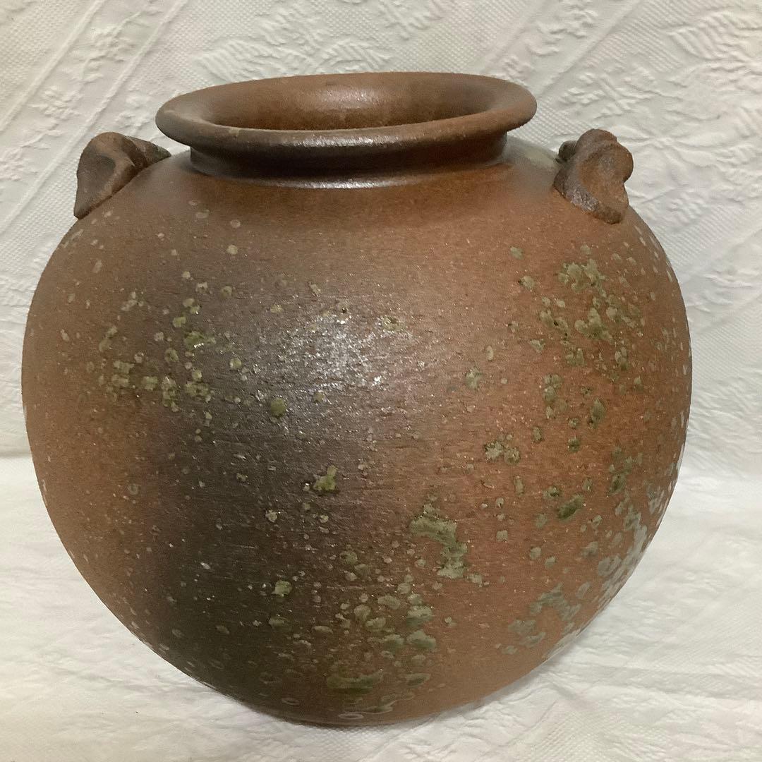 【新品　未使用】　信楽焼　「明山作」　花瓶　大型　取手茶道具　桐箱入り