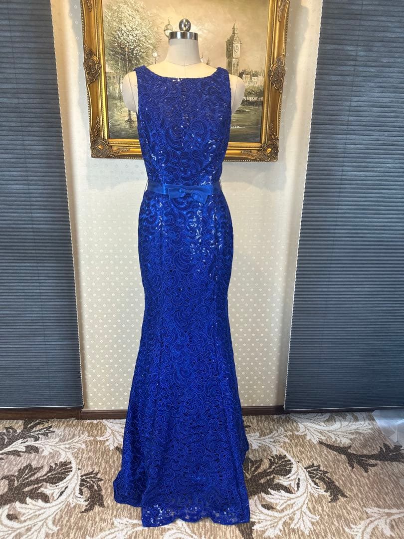 青色レーススパンコール刺繍マーメイドドレス ウエストリボン付き