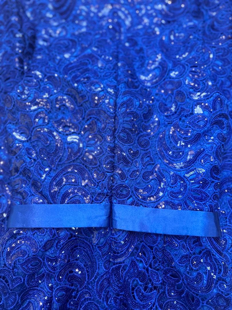 青色レーススパンコール刺繍マーメイドドレス ウエストリボン付き