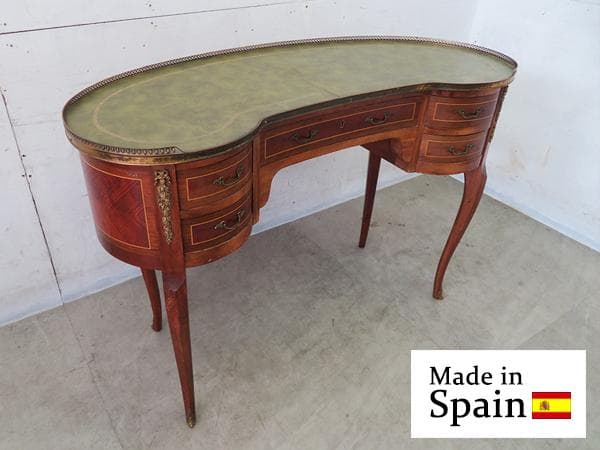 美品■スペイン製■ルイ15世様式■キドニー型デスク■革張り天板■書斎デスク
