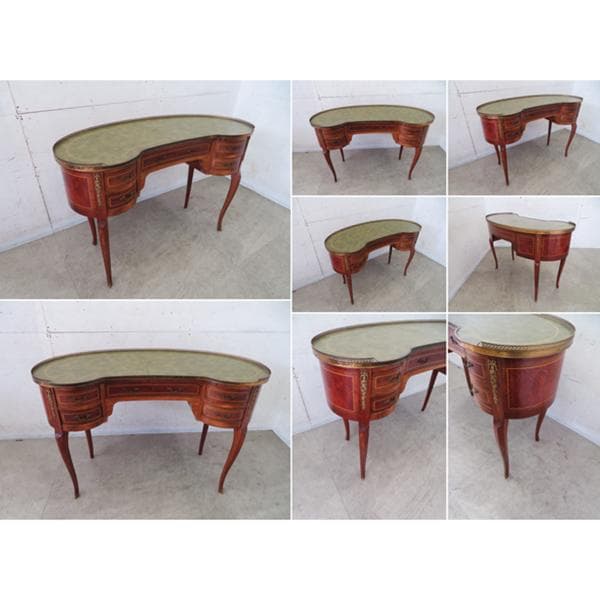 美品■スペイン製■ルイ15世様式■キドニー型デスク■革張り天板■書斎デスク