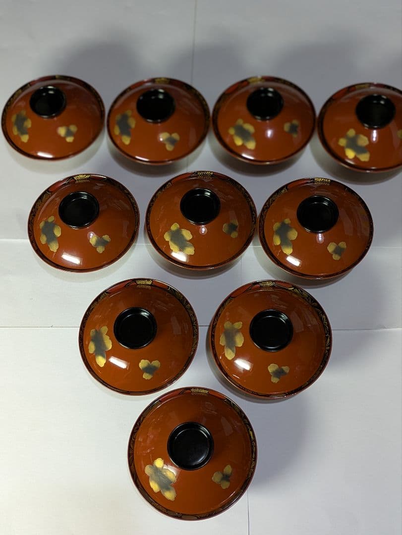 特選、輪島塗、蒔絵金彩細工、沈金菊模様、木製、蓋付椀、吸物椀、10客、保管箱付