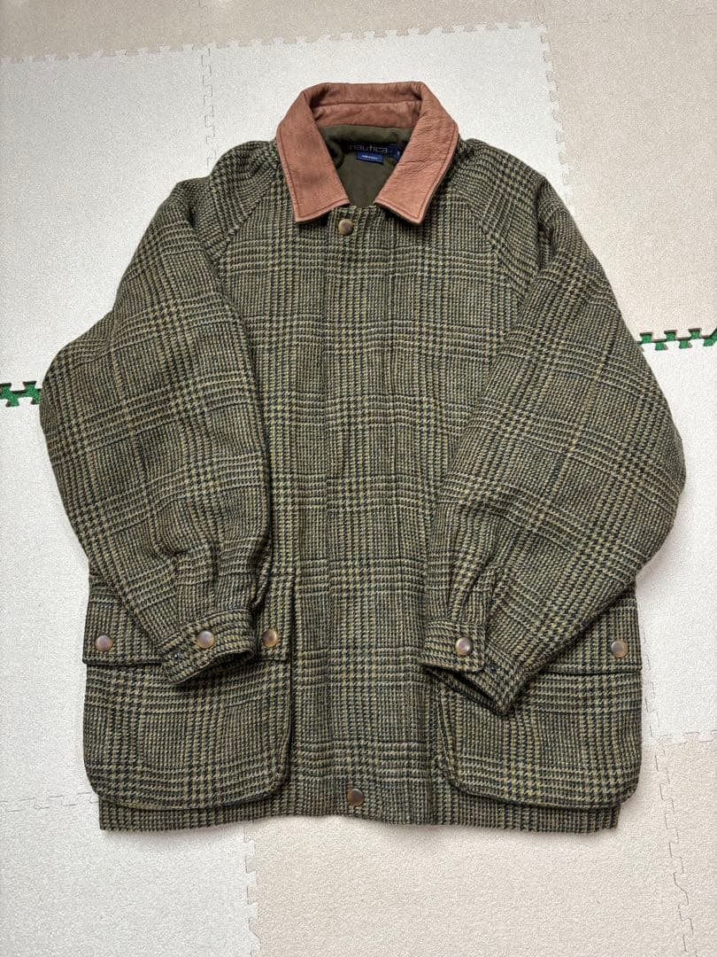 90'sノーティカ NAUTICA ウール ツイード ジャケット 襟レザー