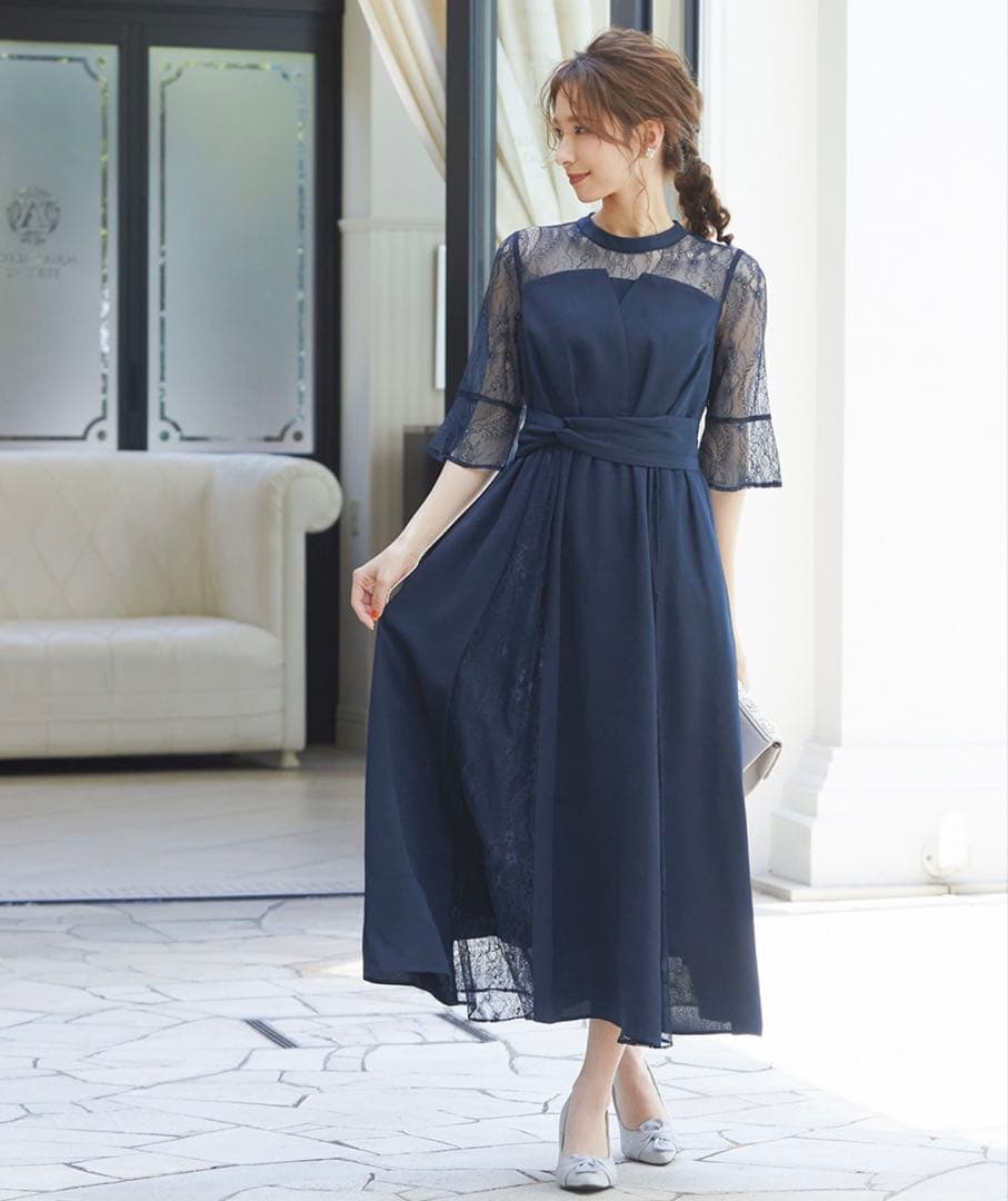 【niana】ビスチェ風ハイネックレース結婚式ワンピース