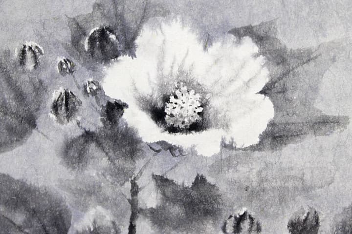 穐月明【芙蓉花】 水墨画 6号 共シール有り