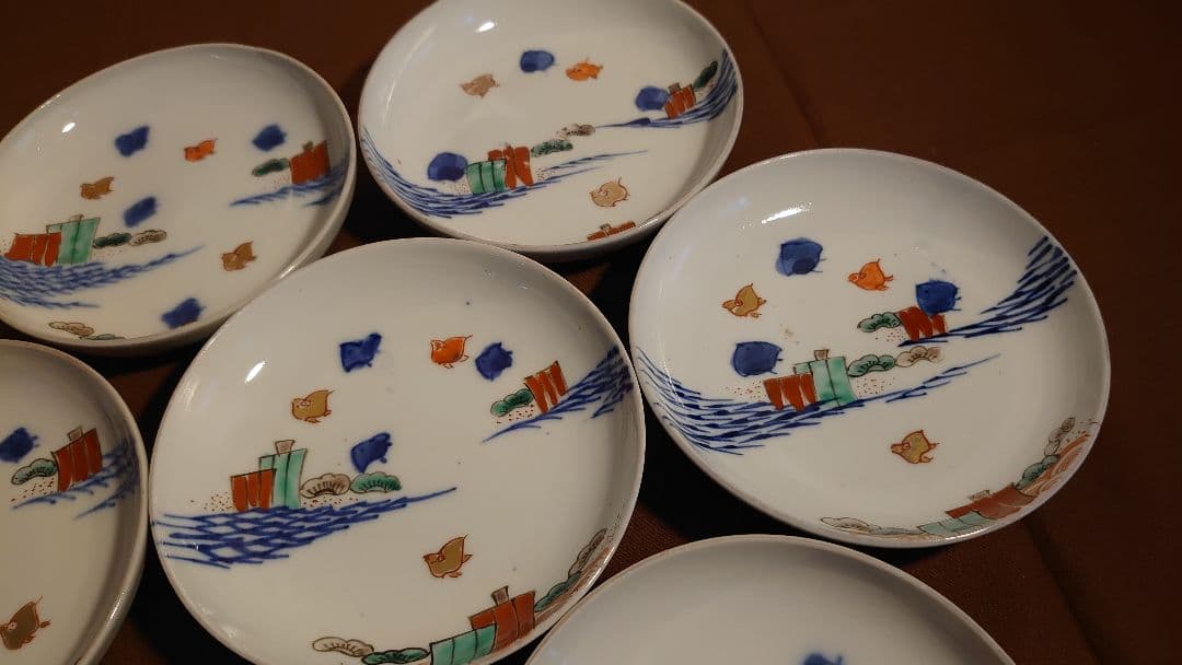 古伊万里　伊万里　波千鳥　色絵　アンティーク伊万里　菓子皿　希少図柄　蔵出　７客