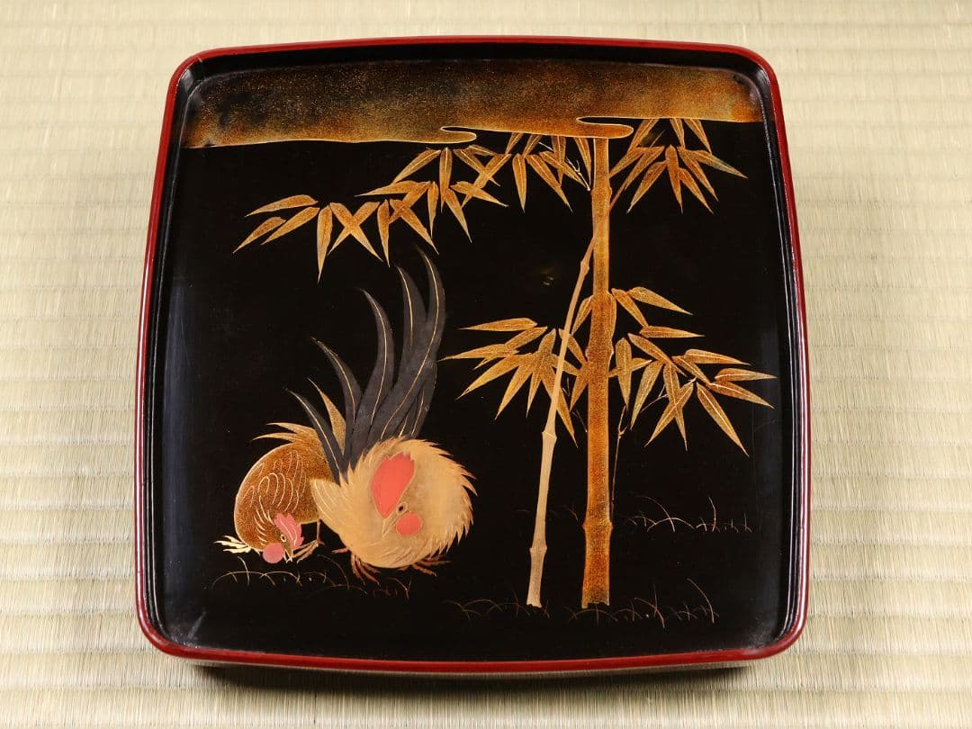 木製漆器 竹鶏蒔絵 吸物膳 五客 溜塗 黒塗 足付 四方膳 茶懐石 CM387