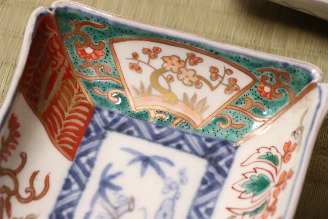 【CM50】古伊万里 色絵 長方刺身皿 角皿 五客 桐鳳凰 松竹梅 扇面 花唐草