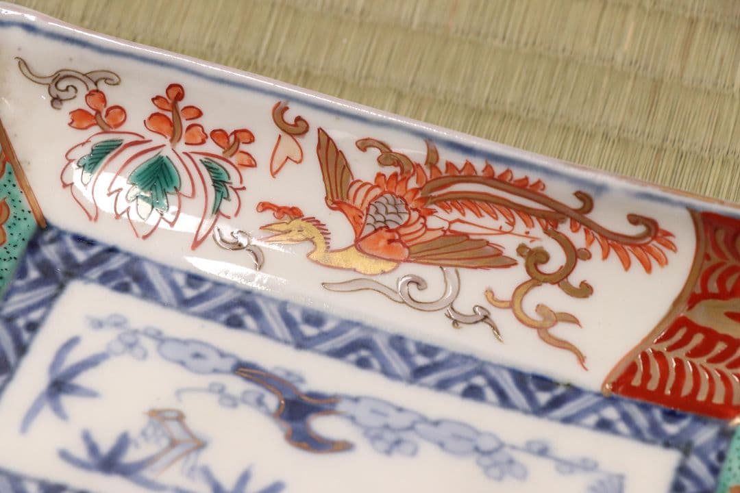 【CM50】古伊万里 色絵 長方刺身皿 角皿 五客 桐鳳凰 松竹梅 扇面 花唐草