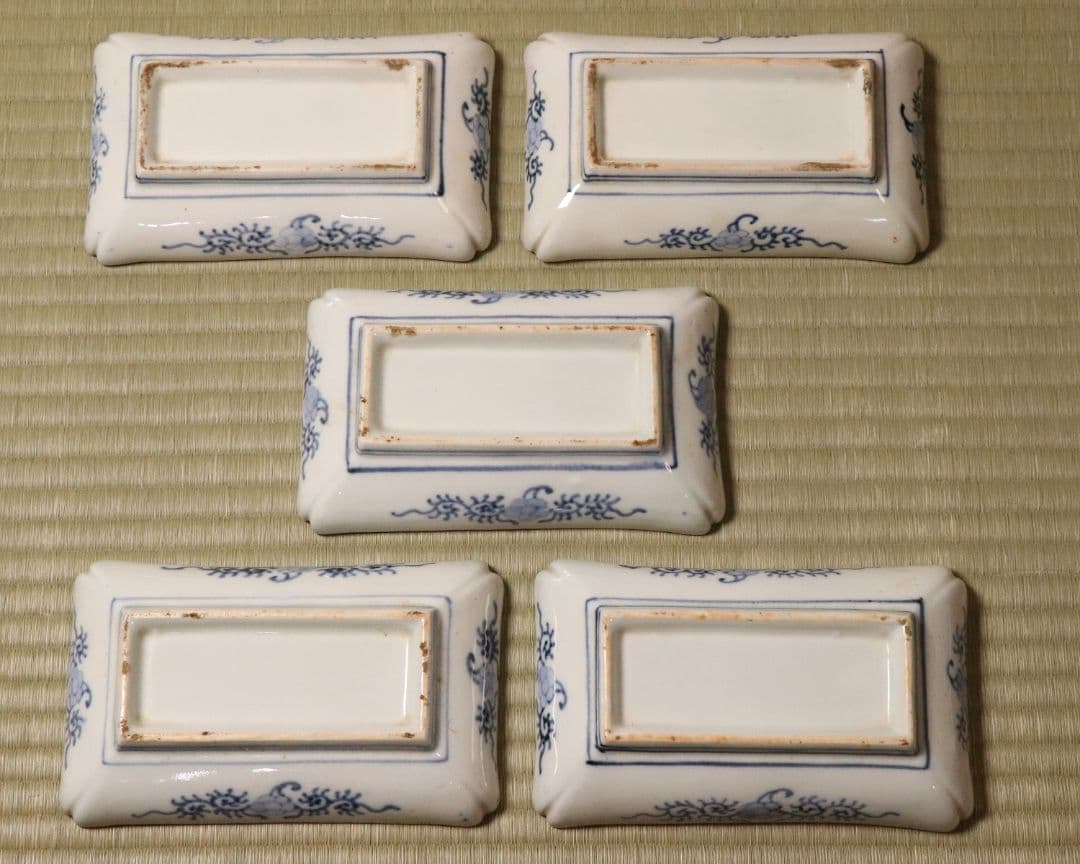 【CM50】古伊万里 色絵 長方刺身皿 角皿 五客 桐鳳凰 松竹梅 扇面 花唐草