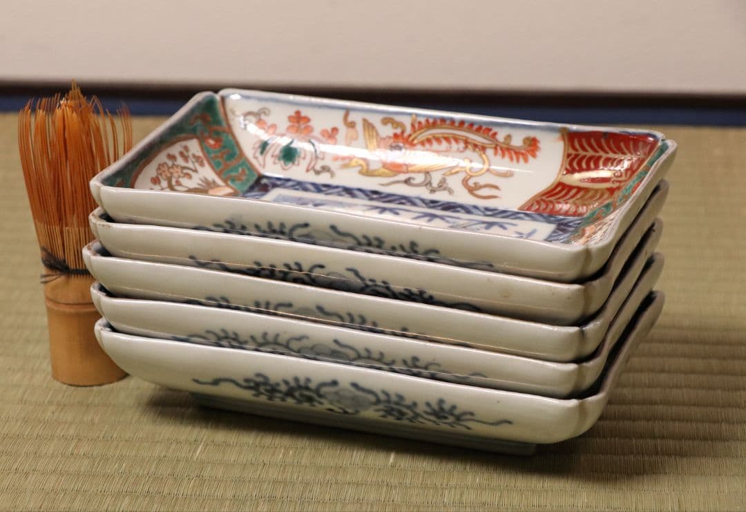 【CM50】古伊万里 色絵 長方刺身皿 角皿 五客 桐鳳凰 松竹梅 扇面 花唐草