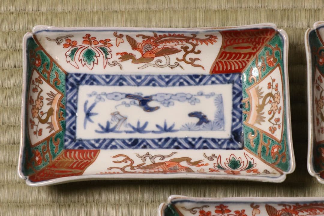 【CM50】古伊万里 色絵 長方刺身皿 角皿 五客 桐鳳凰 松竹梅 扇面 花唐草