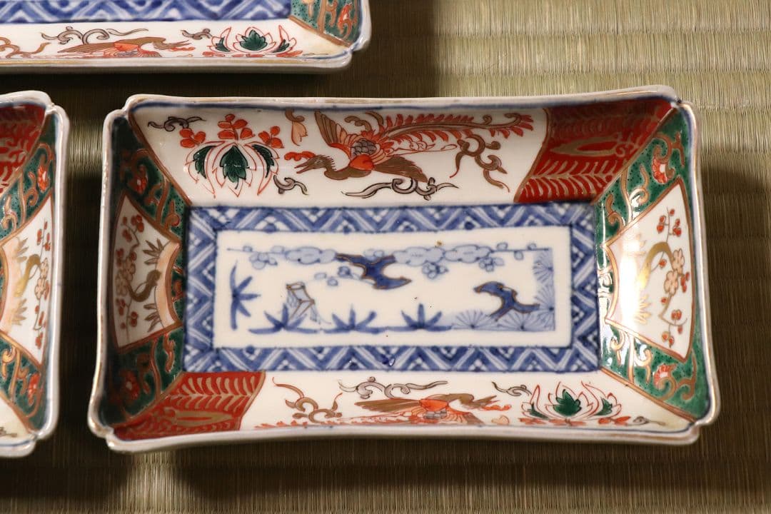 【CM50】古伊万里 色絵 長方刺身皿 角皿 五客 桐鳳凰 松竹梅 扇面 花唐草