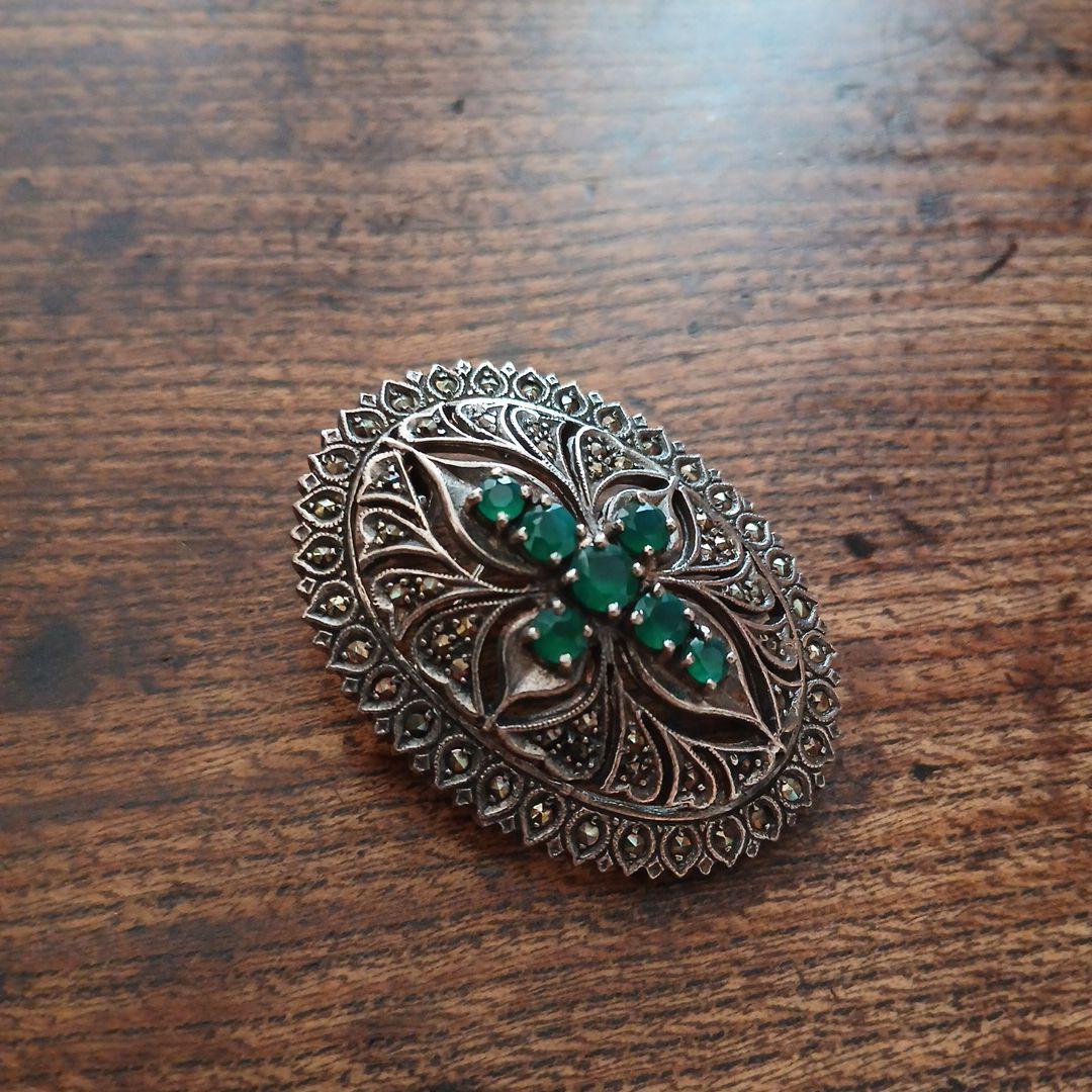 シルバー925 マーカサイト クロス デザイン ブローチ、ペンダント兼用 レトロ