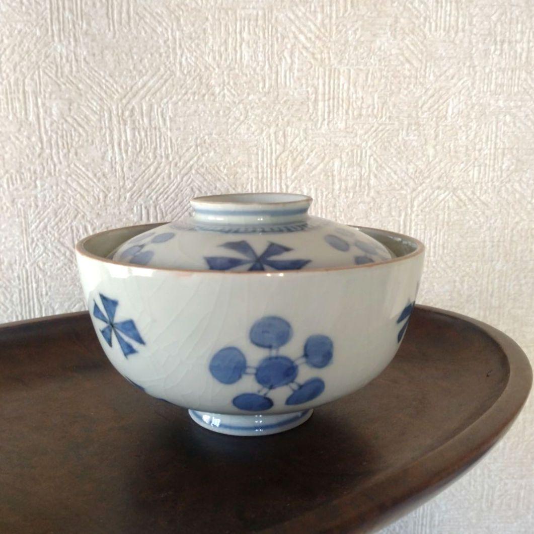 《新春セール！》古伊万里染付幾何学花文蓋付き茶碗蕎麦猪口江戸時代