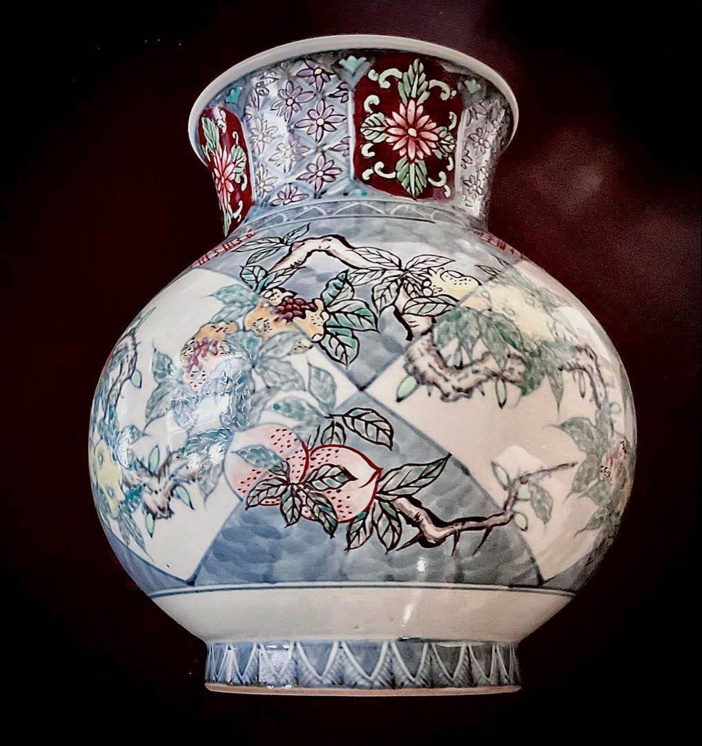 №８８３　佐藤走波（六代）　つぼor花瓶　染錦　柘榴桃絵小花菊文【極上手一点物】