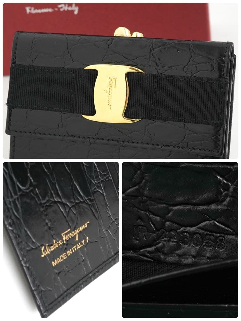 ✨未使用品✨　フェラガモ　ミニ財布　三つ折り　ヴァラリボン　がま口　クロコ型押し