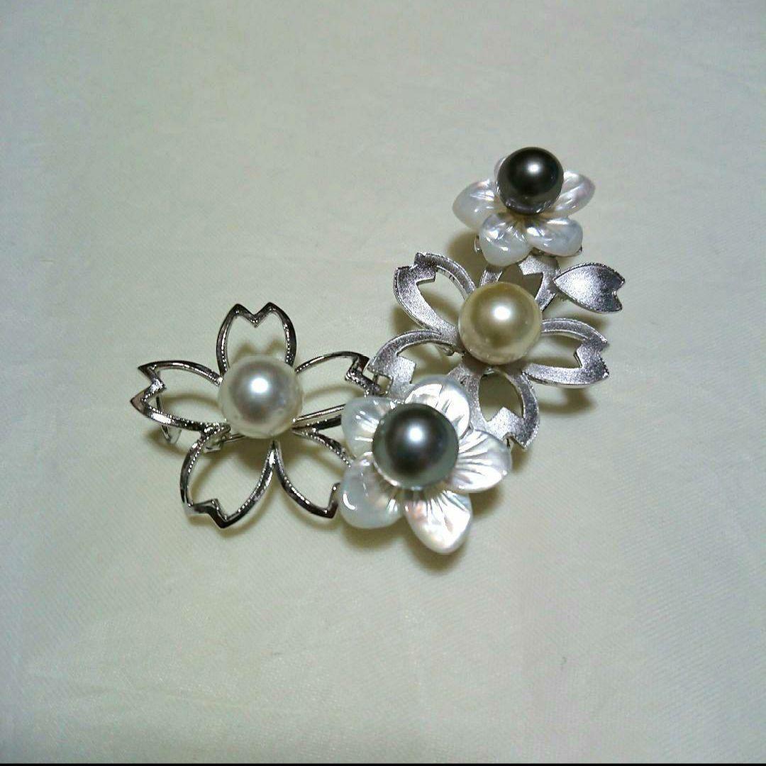 南洋真珠 白蝶貝 silver ブローチ 帯留 桜 梅