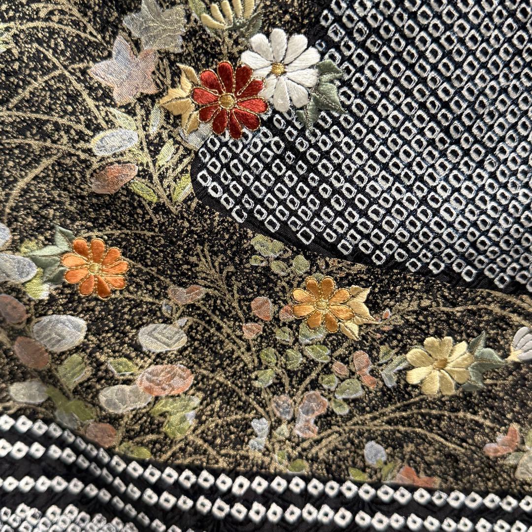D19 訪問着 総絞り 花刺繍 正絹 着物 袷 極美品