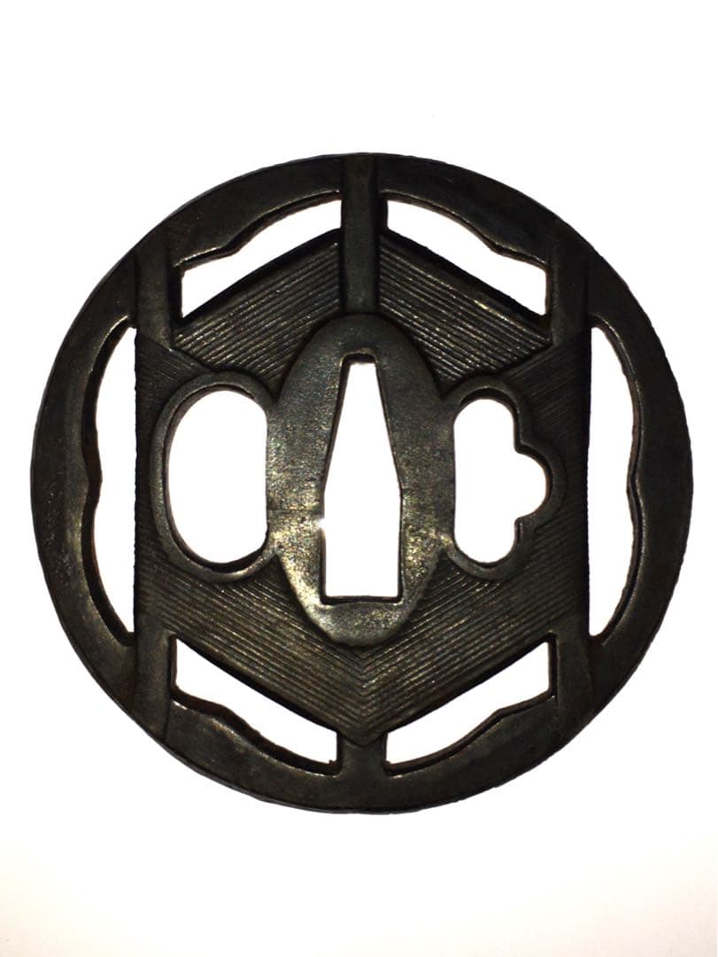 S12六角透かし鉄鍔・大小鍔一対 木箱付 武具・刀装具