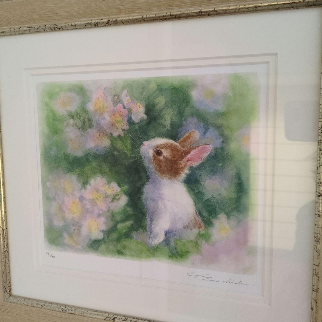 土田穣 絵画・アート(版画額装品)/ピンクの花/ウサギ・うさぎ