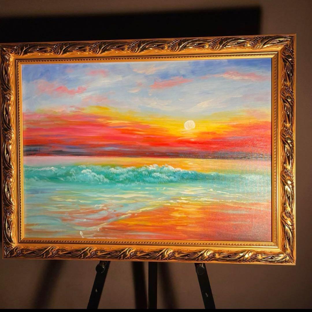 手書き油絵 sunset 額付き インテリア 油彩画