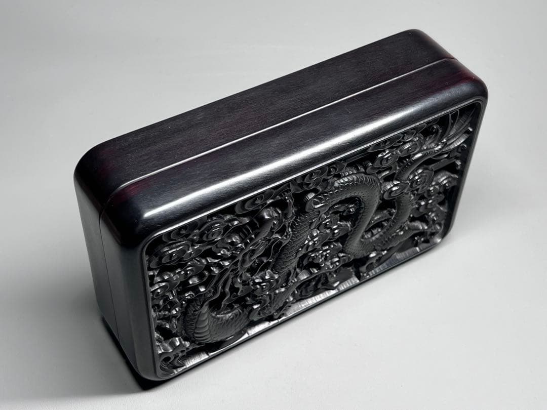 木製　小物入れ　香炉？　硯箱　巻雲龍紋　透彫　極細工　文房具　中国美術　唐木黑檀