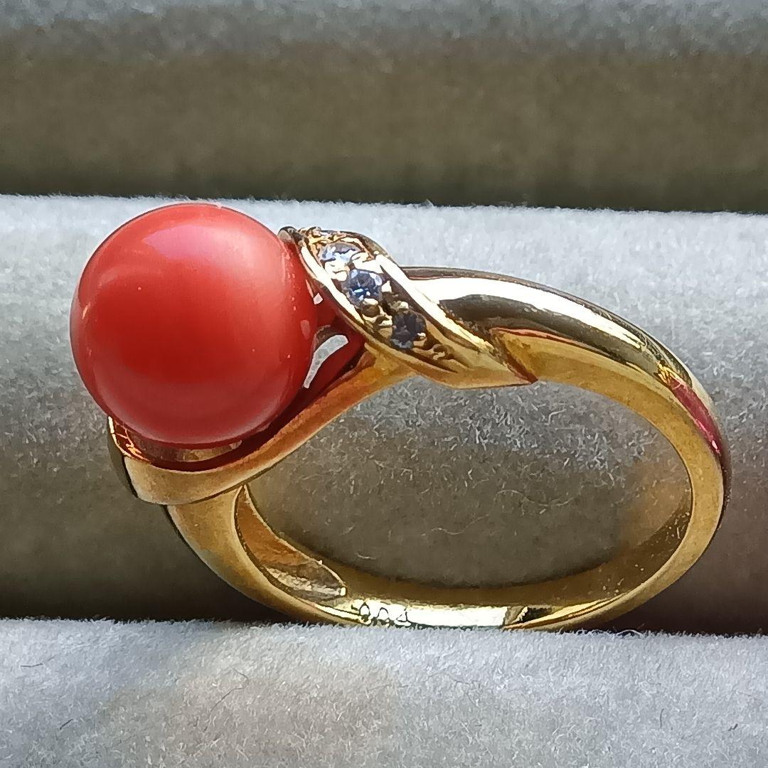 赤サンゴ珊瑚径８ミリ付　リングK１８　内径約１６mm重量合計４.６g