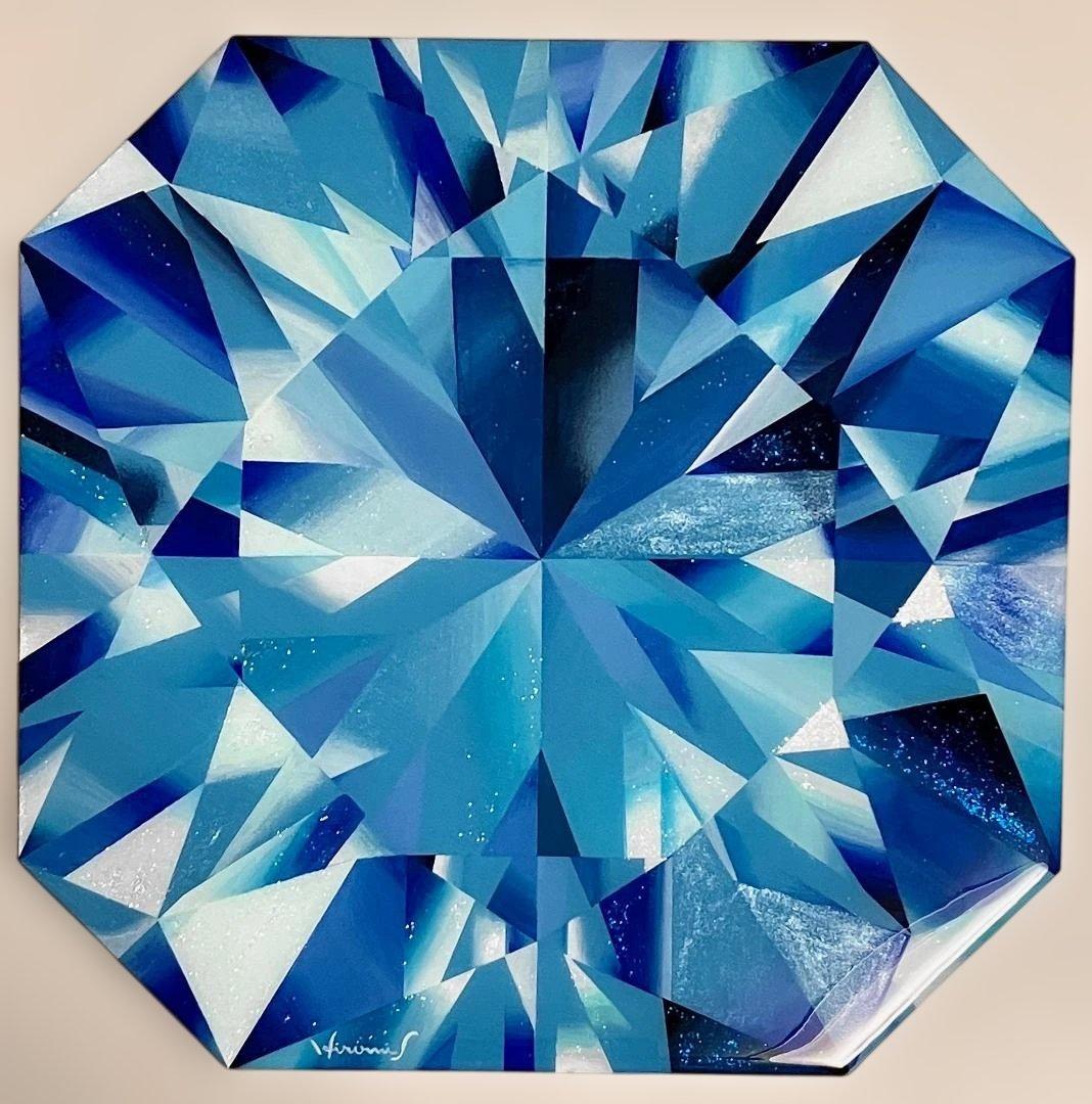 絵画　ハンドメイド　レジンコート　創作一点物　クールダウン　青色　八角形