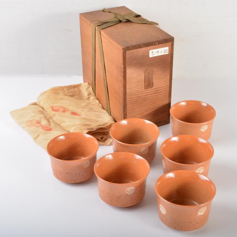 和食器　八事窯　一休庵道年　中村道年作　赤楽小鉢　六客　共箱　M　R6463