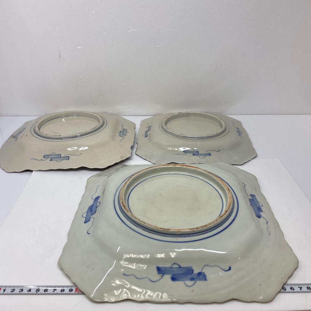 古伊万里　染錦大皿　三ツ組　共箱　タニト　東さ7-0327①