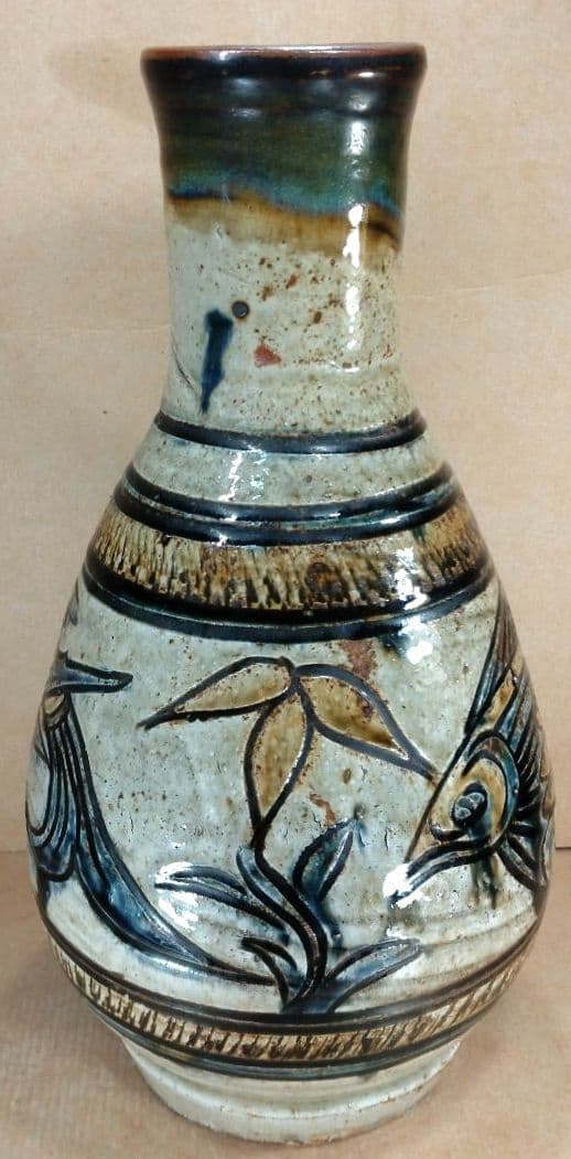 読谷初期【本物保証】金城次郎 魚紋花瓶 共箱 本人書付 h33㎝超 栞 人間国宝