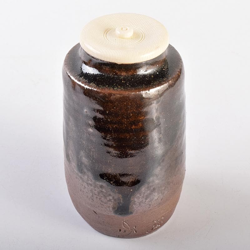 丹波焼　森本陶谷作　肩衝茶入　古代名物裂　黄地真田入間道仕覆　共箱　VR7563