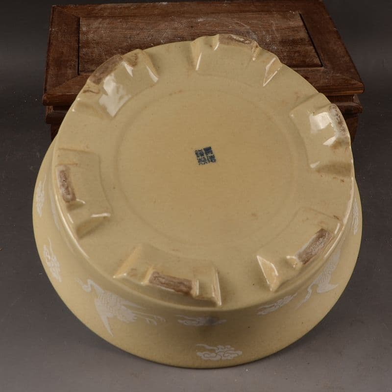 黄地に鶴紋 円形 筆洗い 水仙鉢 工芸品 置物