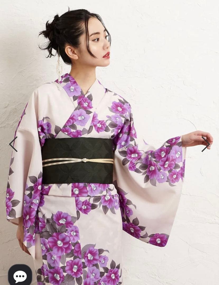 紫色　花柄 浴衣 フリーサイズ　帯付き