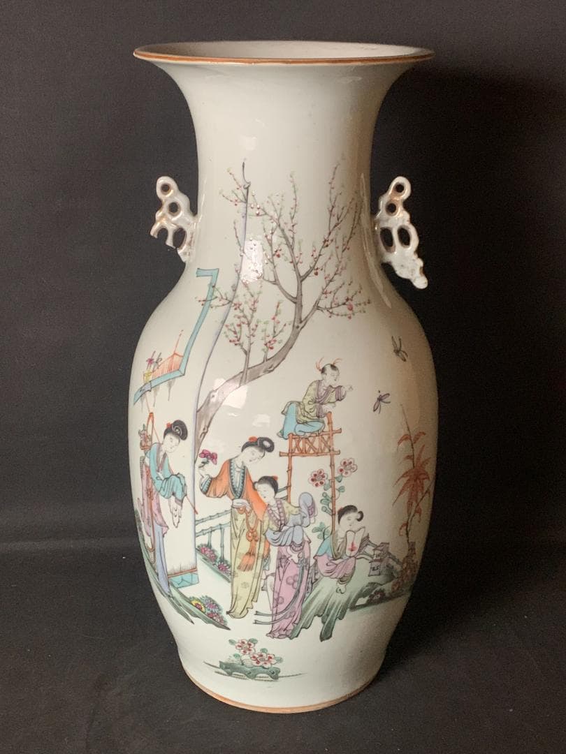 中国 清代 粉彩 宮廷美人図 漢詩 双耳 大花瓶 高さ41cm 中国美術