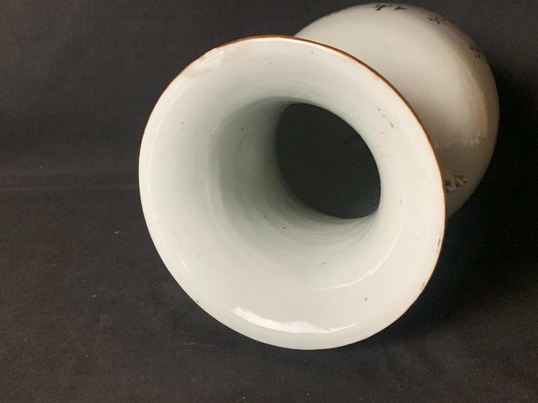 中国 清代 粉彩 宮廷美人図 漢詩 双耳 大花瓶 高さ41cm 中国美術