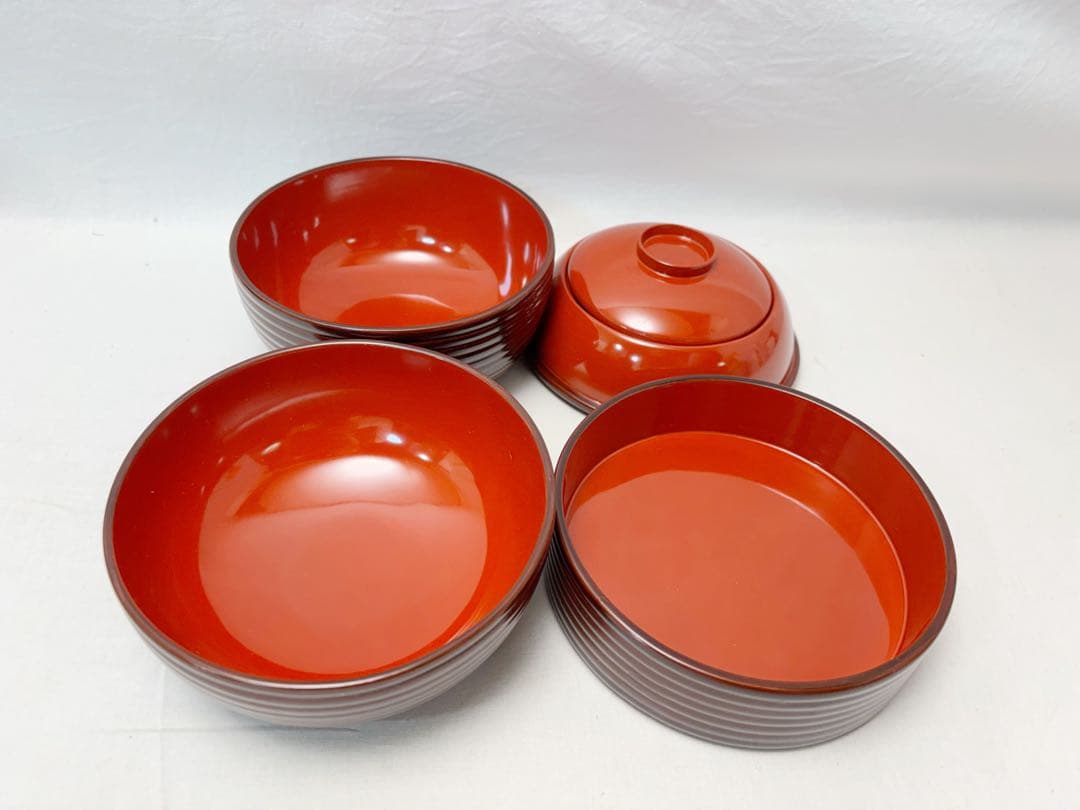 未使用 茶道具 木製溜塗 信玄三段弁当 2客揃 千筋 内朱 紙箱