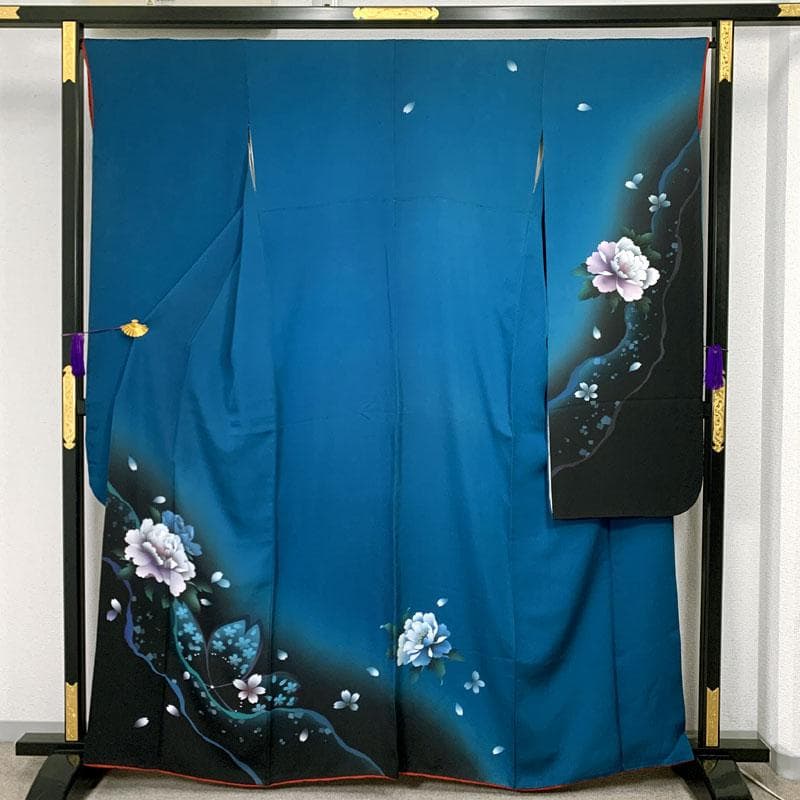 511z19〇振袖 モダン 牡丹 桜 青 白〇状態良好 成人式 結婚式