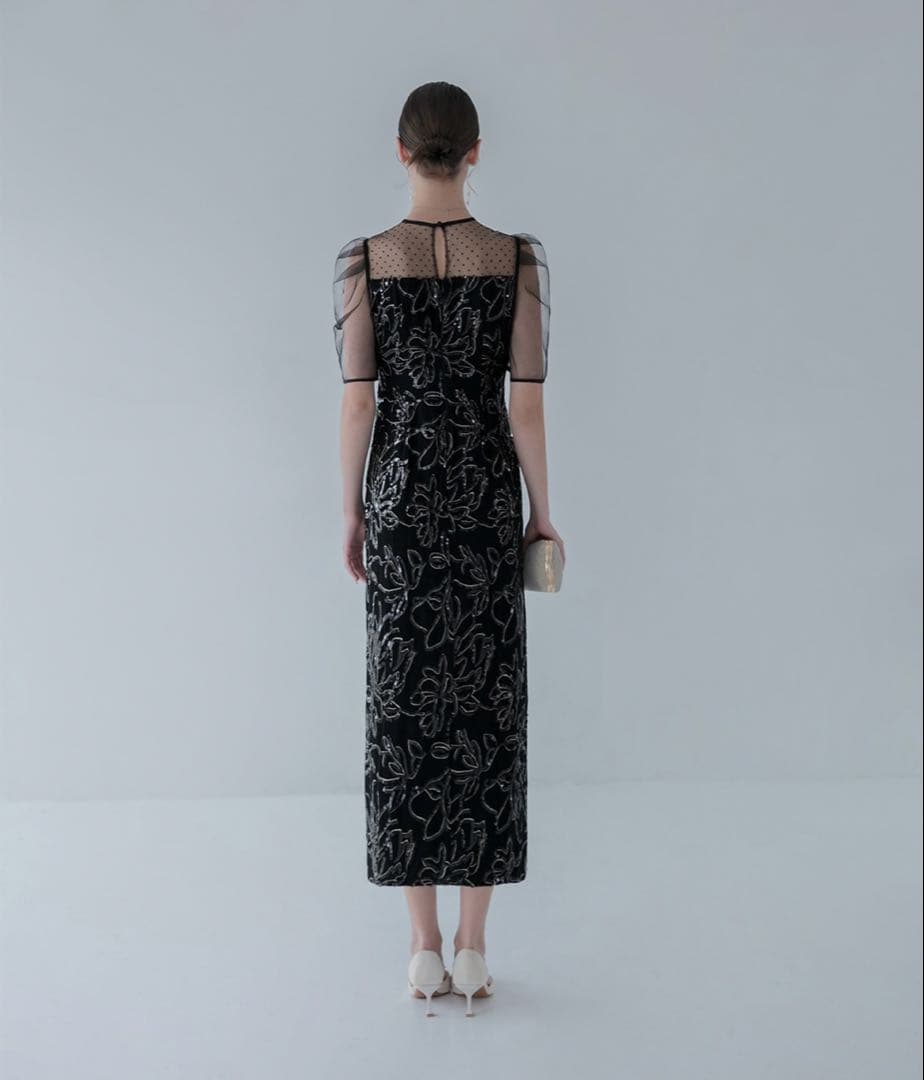 LEJAドットチュールフラワースパンコールラインドレスワンピース 結婚式 同窓会