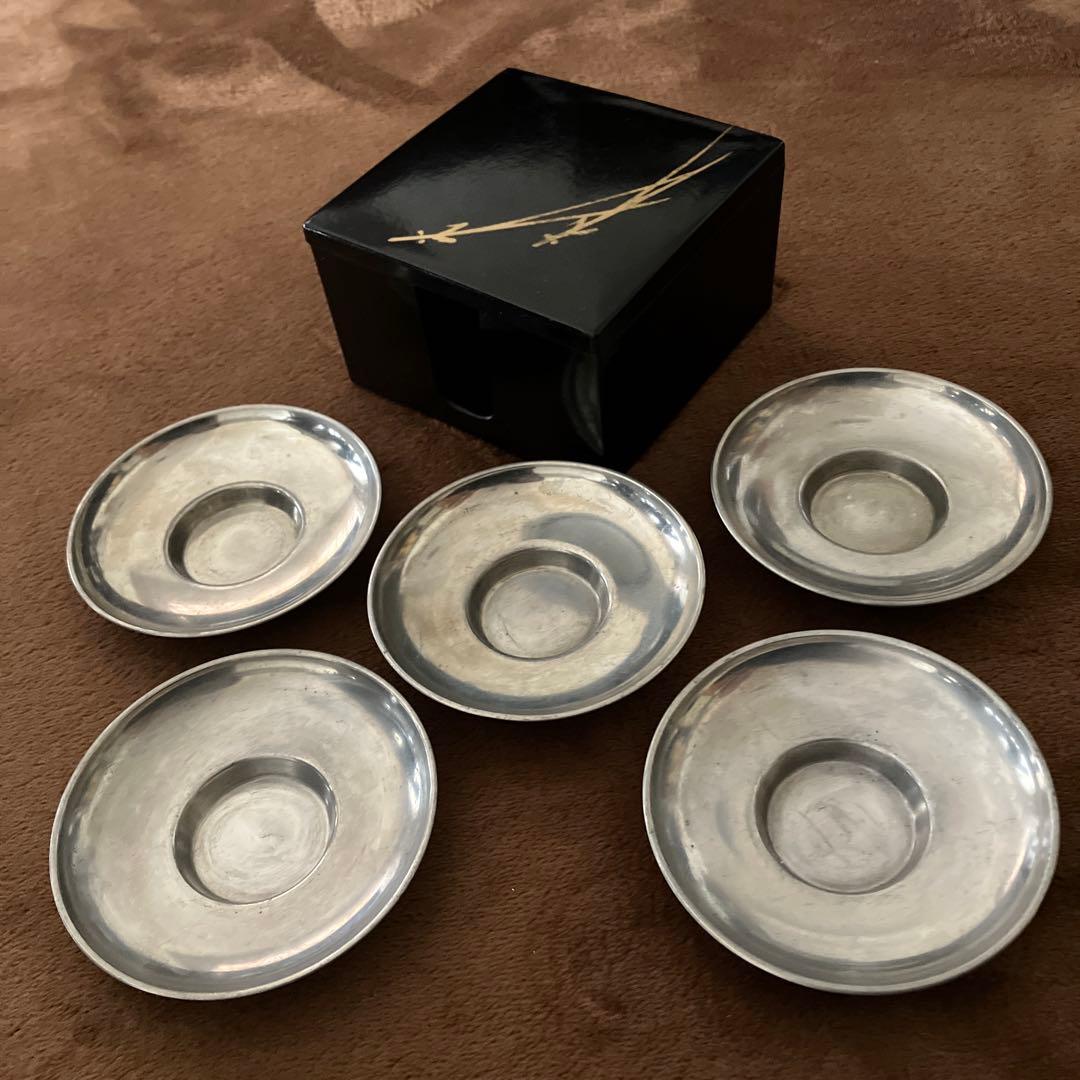 張萬順　中国　古玩　錫製　手造　茶托　煎茶道具　底款・在印