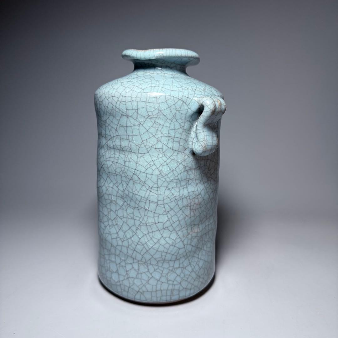 国重要無形文化財指定　中島宏　青磁耳付花生　高さ21cm　美しい貫入　共箱布　栞