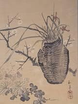【真作】掛軸　滝和亭　籠花と早春の花々図　南画の名手　雅趣ある一幅　T62