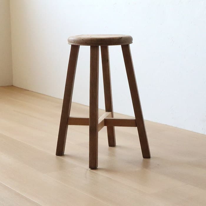 Cアンティーク 木製 無塗装 無垢材 丸スツール 古家具 ナラ ブナ