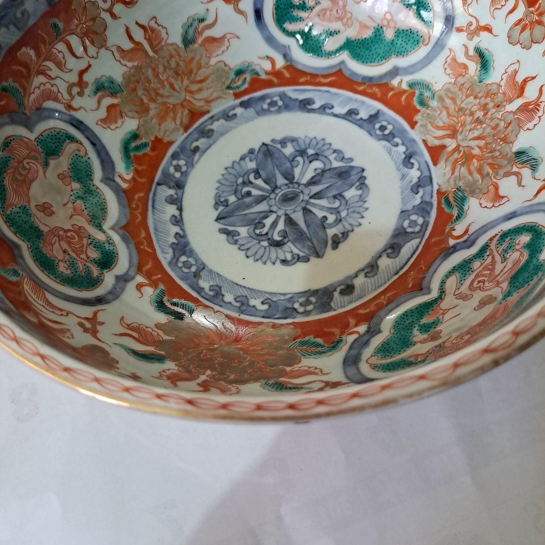 江戸中期　赤絵金彩　染錦　７寸中鉢　富貴長春　花窓 獅子図