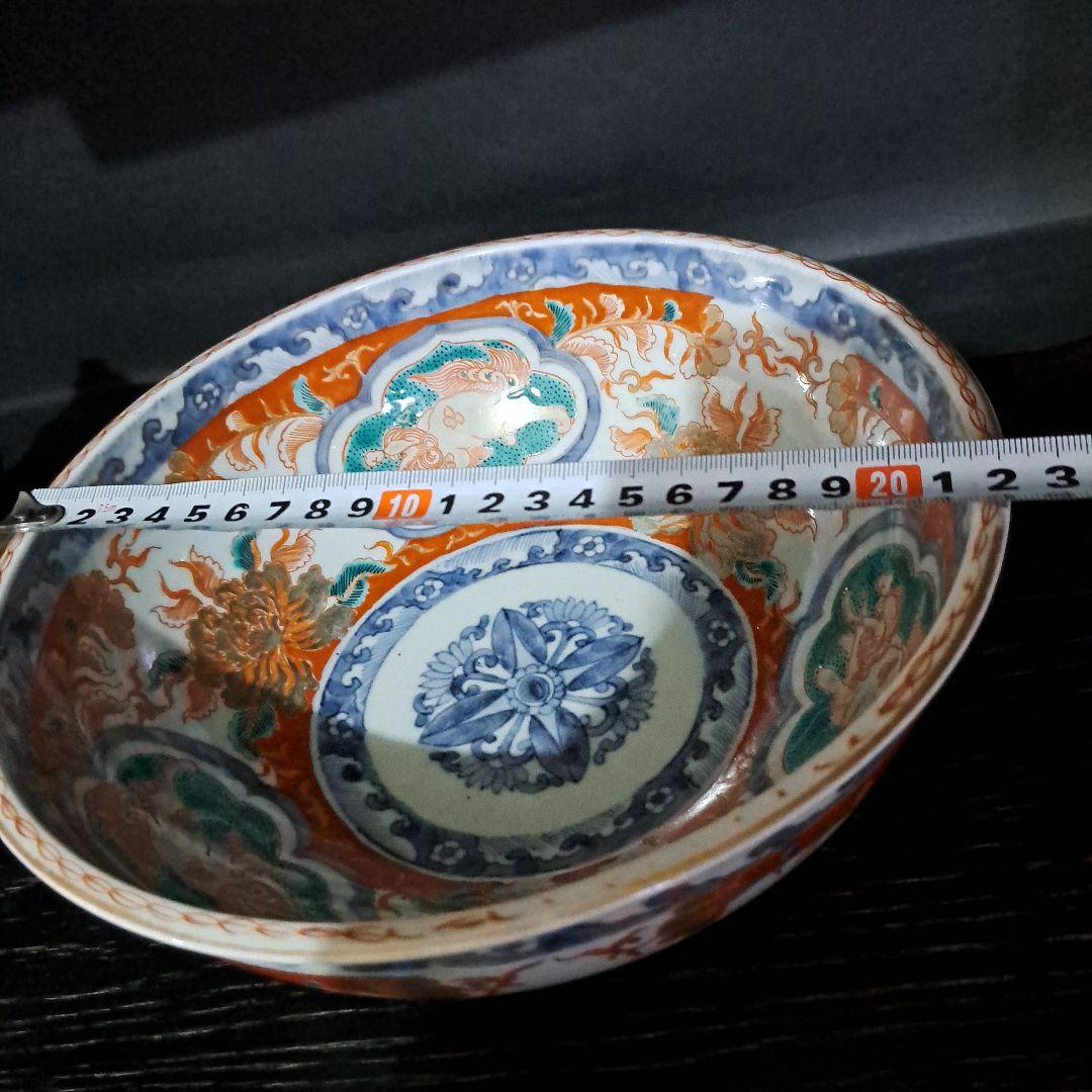 江戸中期　赤絵金彩　染錦　７寸中鉢　富貴長春　花窓 獅子図